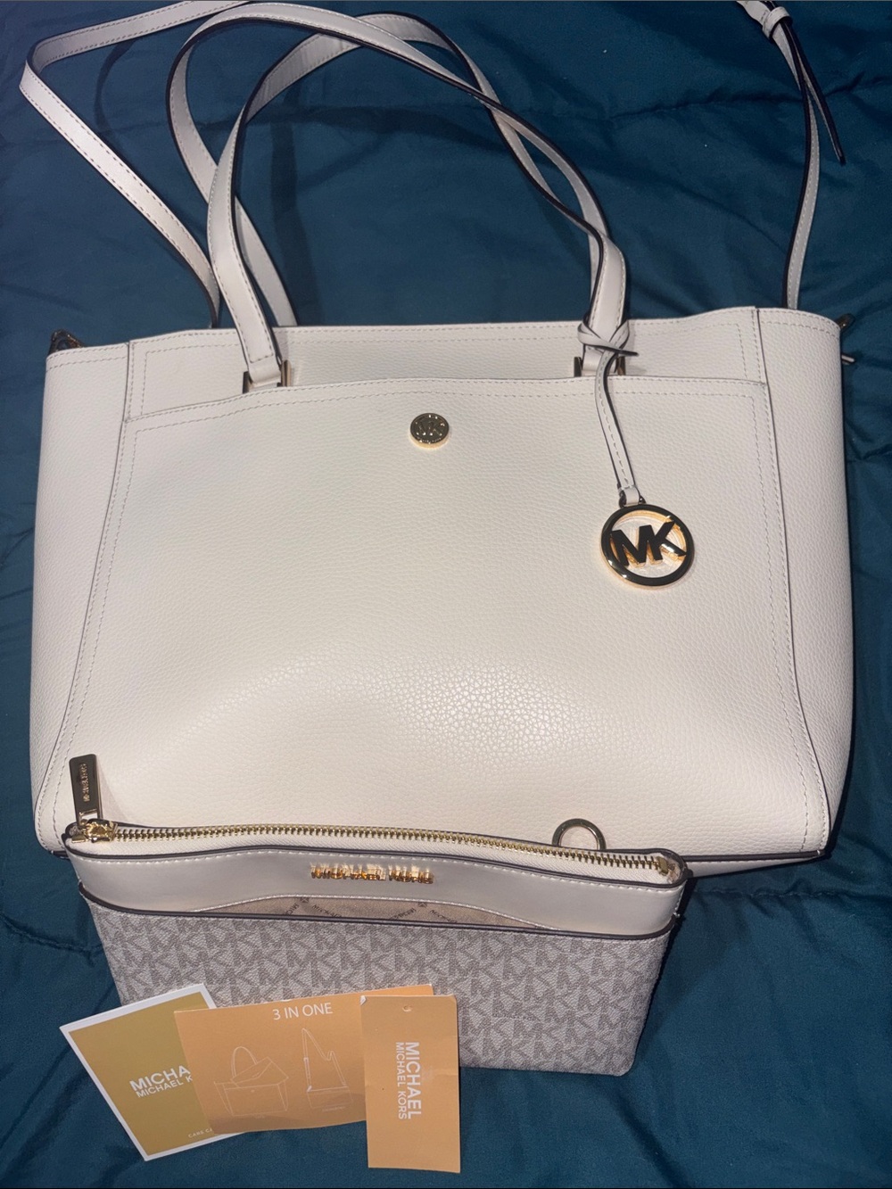 3 in 1 - Michael Kors White Pebbled Leather Tote w/ MK Charm & Unbranded Dusty